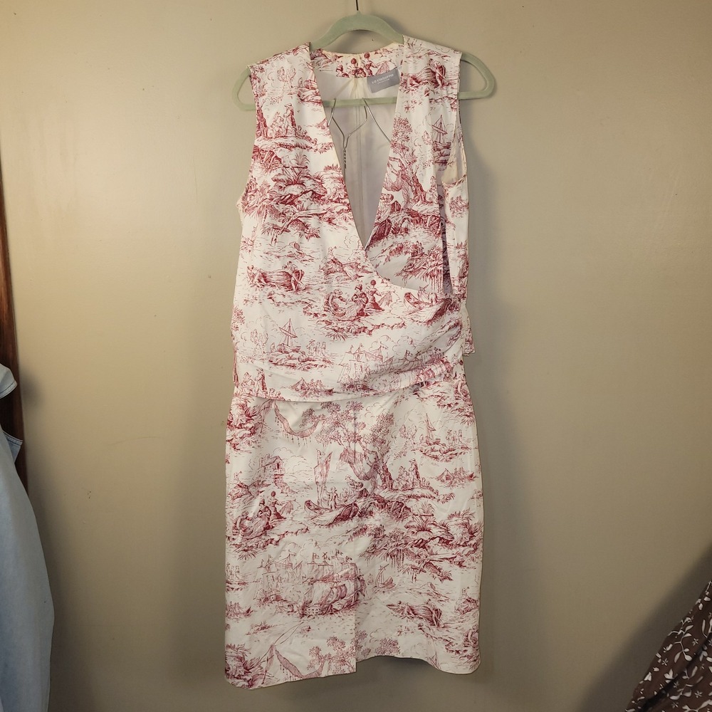Liz Claiborne‎ Collection Toile Print Dress Red White Sleeveless V-Neck Size 14